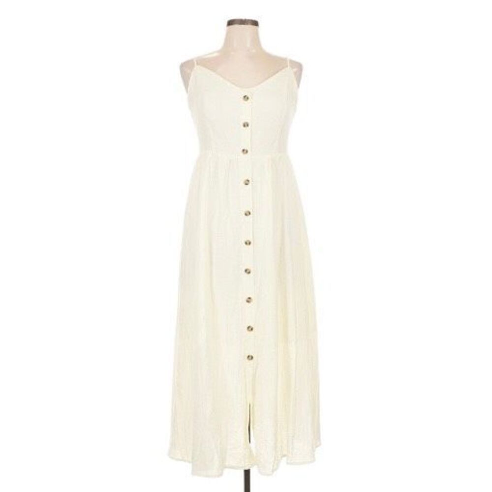 Boho Cotton Blend Midi Dress White Button Front Sun Dress Summer City Chic L - Picture 2 of 7